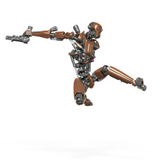 Naklejka premium droid soldier is jumping fast in action and holding a pistol