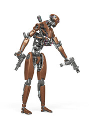 droid soldier is shooting down in action and holding a pistol