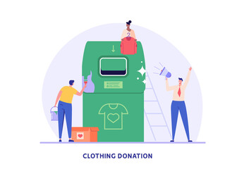 Volunteer group collecting donations. Charity organization donating clothes for poor people. Concept of clothing donations, volunteer help, donate clothes. Charity campaign vector flat illustration