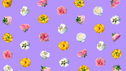 Creative floral pattern made with colorful flowers on pastel purple background. Minimal spring concept. Valentines Day or 8 March idea. Idea for Mother's Day.