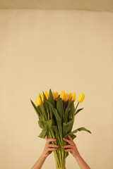 Bouquet of yellow tulips in hand