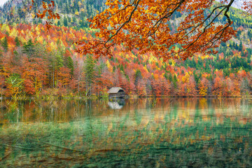 Fabulous autumn scene of Hinterer Langbathsee lake.