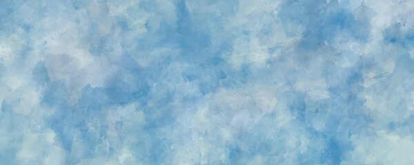 Vector watercolor art background.  Sky. Clouds. Hand drawn blue abstract vector illustration for cover, interior decor and other users. Brush strokes. Christmas backdrop for design. Empty blank.	