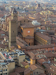 An aerial view of Bologna's cityscape as seen from the Asinelli Tower.