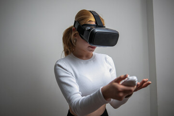 woman looking at her virtual body with vr glasses
