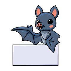 Cute little bat cartoon with blank sign