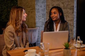 Two businesswoman having a meeting in a cafe while using a laptop