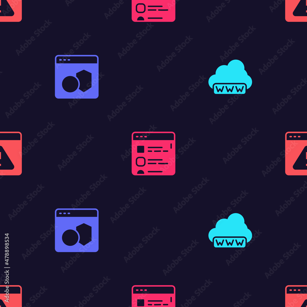 Poster set web development, software, browser files and with exclamation mark on seamless pattern. vector