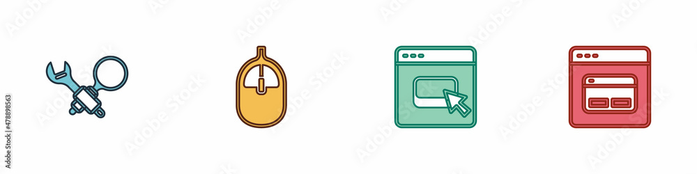 Poster set debugging, computer mouse, browser files and search engine icon. vector