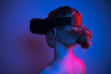 woman in white shirt wearing vr glasses, futuristic studio photo with colorful lights on plain background