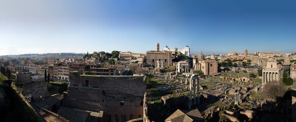 Wide panoramic view of the Roman Forum in Rome, Italy