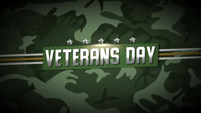 Veterans Day with star and stripes on green military background, motion holidays, military and warfare style background