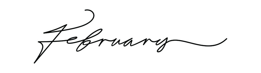 Hand drawn lettering phrase February. continuous one black line. Minimalistic drawing of phrase illustration