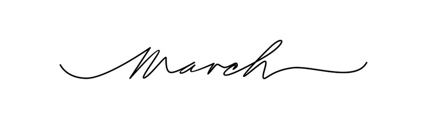 Hand drawn lettering phrase March. continuous one black line. Minimalistic drawing of phrase illustration