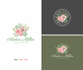 Hand painted pink watercolor flower logo template