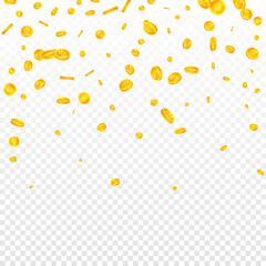 Bitcoin, internet currency coins falling. Ecstatic scattered BTC coins. Cryptocurrency, digital money. Indelible jackpot, wealth or success concept. Vector illustration.