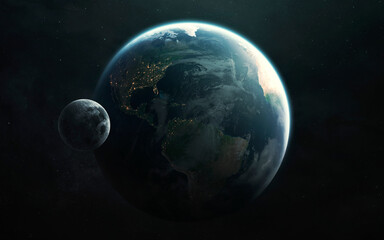 Fototapeta na wymiar North and South America. Planet Earth and Moon view from space. Elements of image provided by Nasa
