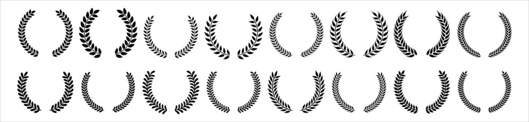 Laurel wreath icon set. Foliage and wheat wreath vector icons set. Round leaf wreath design for trophy crest, award and achievement border. Vector illustration