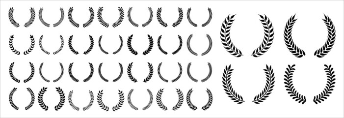 Laurel wreath icon set. Assorted foliage and wheat wreath vector icons set. Round leaf wreath design for trophy crest, award and achievement border. Vector illustration collection. - obrazy, fototapety, plakaty