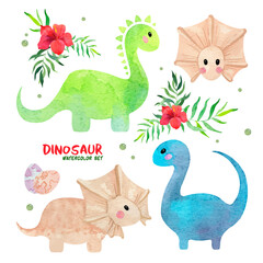 Watercolor set with cute little dinosaurs and tropical flowers
