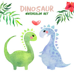Watercolor set with cute little dinosaurs and tropical flowers