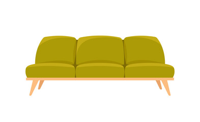 Living room furniture concept. Sticker with soft green sofa without armrests with long wooden legs. Interior design. For three persons. Cartoon flat vector illustration isolated on white background