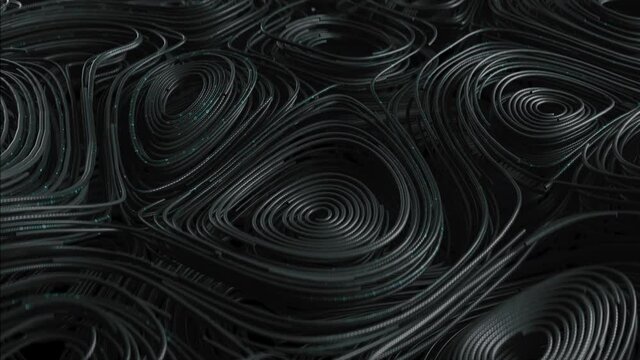 Black topographic circular lines with running matrix code
