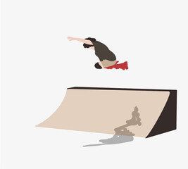 Man jumping on skateboard at the street. Funny kid skater practicing ollie on skateboard ramp. Cartoon vector illustration.
