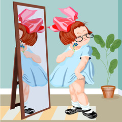 a girl with a flower looks in the mirror in the room