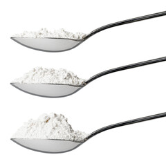 Set of three tablespoons of refined white flour showing side view of level, rounded and heaped measurements isolated on a white background