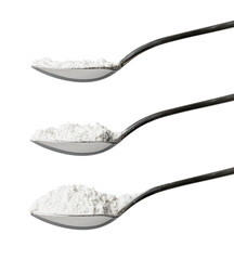 Set of three teaspoons of refined white flour showing side view of level, rounded and heaped...