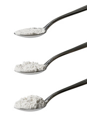 Set of three teaspoons of refined white flour showing an angled view of level, rounded and heaped...