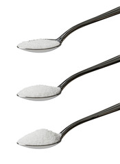 Set of three teaspoons of refined white sugar showing an angled view of level, rounded and heaped...