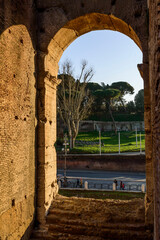 View of Palatine hill out of Colosseum arch in Rome, Italy: ancient bricks, green grass and stone pines in the evening light