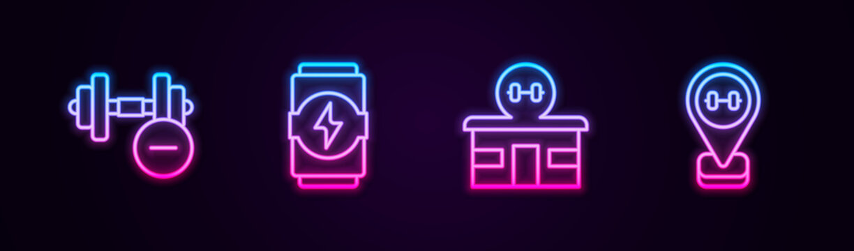 Set Line Dumbbell, Energy Drink, Gym Building And Location Gym. Glowing Neon Icon. Vector