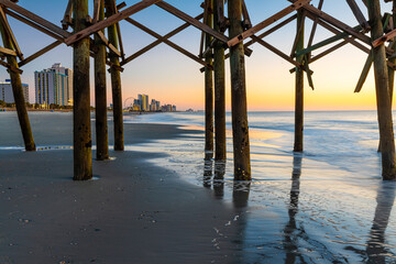 Sunrise on Second Avenue Beach With The Boardwalk In The Distance, Myrtle Beach, South Carolina, USA