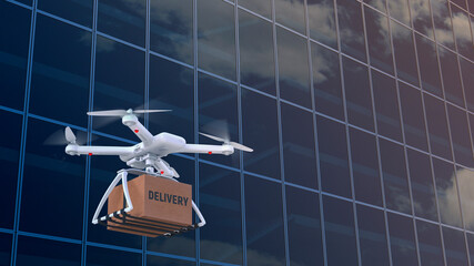 An unmanned quadcopter delivery a box of goods against the backdrop of the glass facade of the building. Contactless logistics during the Covid 19 coronavirus pandemic