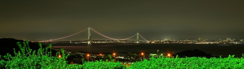 淡路島から見た明石海峡大橋のパノラマライトアップ情景＠兵庫