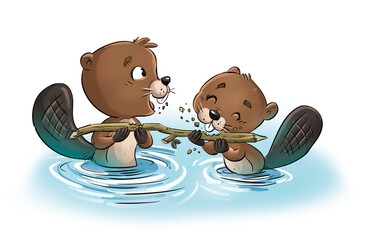 Illustration of couple of beavers in the water - obrazy, fototapety, plakaty