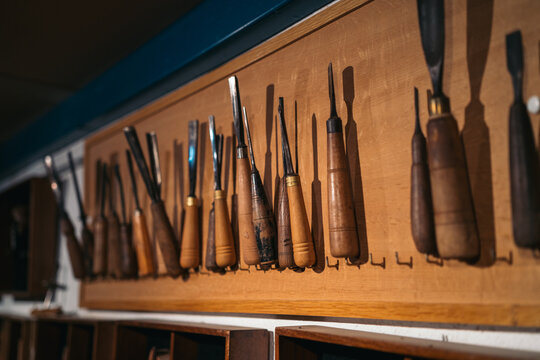 Various chisels in carpentry workshop