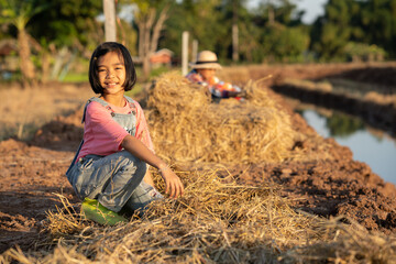 Naklejka na ściany i meble Children playing and working in organic farm on sunset