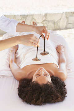 Woman receiving outdoor spa treatment