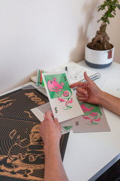 Close up of drawing graphic prints