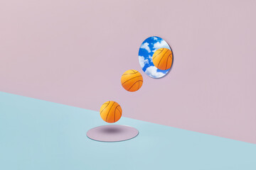 Basketball balls falling through hole