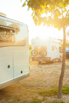 Scenic view of trailer park at sunset in summer 
