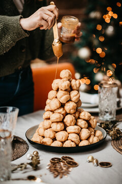 Christmas Croquembouche on a table