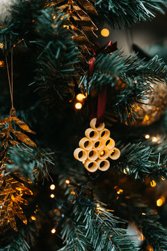 Close-up of Christmas tree with handmade decoration