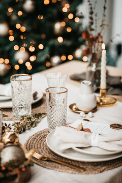 Close up of a Christmas table set