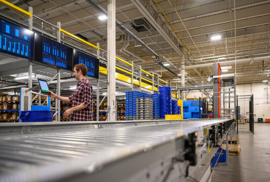 Low Angle on conveyor belt in warehouse 