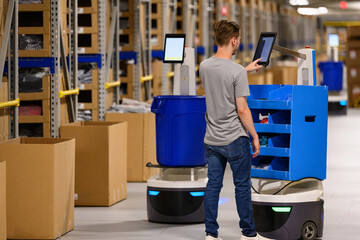 Manager with Robot on floor at Warehouse E-Commerce 